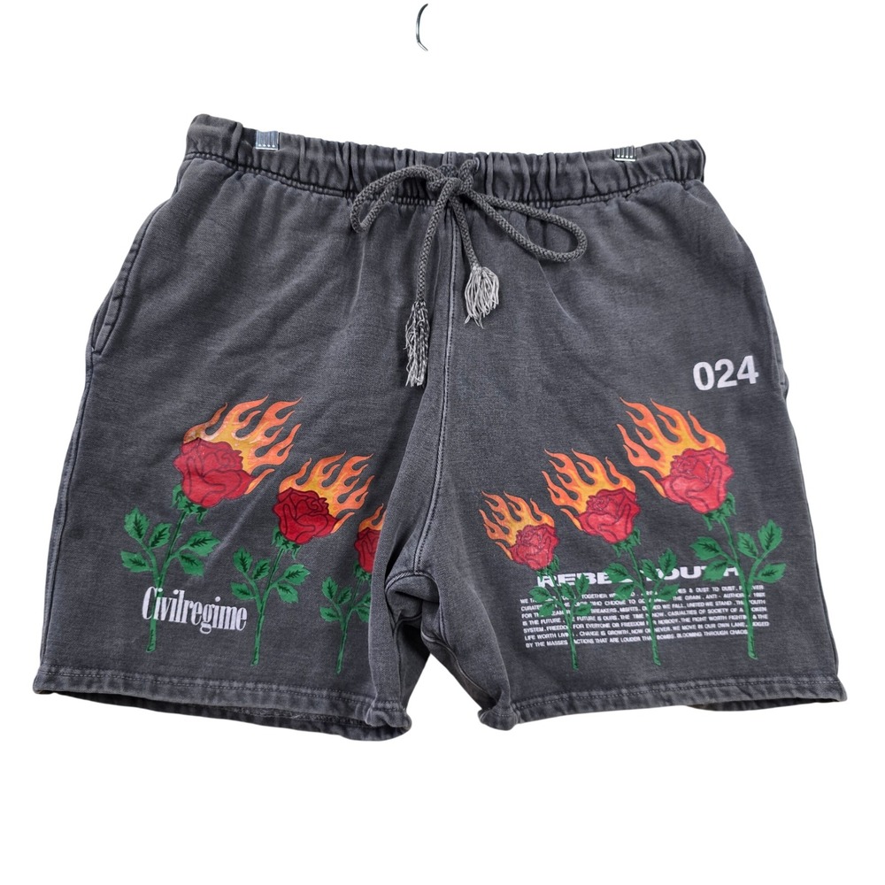 Civil Regime Shorts Mens XL Black Flaming Rose Graphic Streetwear Distressed